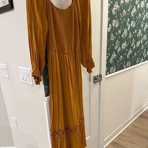Zesica Smocked Maxi Dress in Mustard with Crochet Trim
